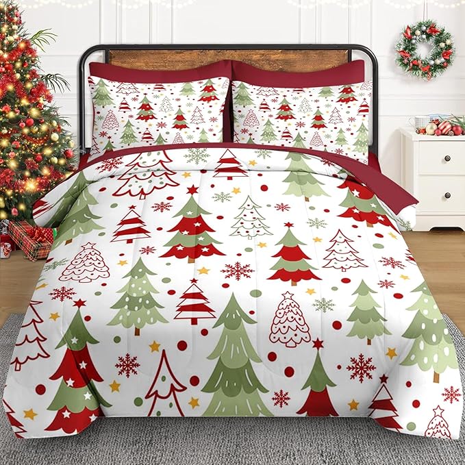 7 Pcs Queen Size Christmas Comforter Set with 2 Pillowcases & 2 Shams, Colorful Xmas Tree Bedding for Kids and Adults, Funny Winter Holiday Bed in a Bag with Flat Fitted Sheet