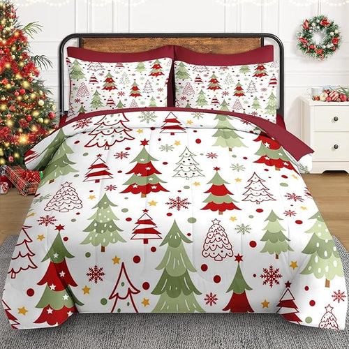 7 Pcs Full Size Christmas Comforter Set with 2 Pillowcases & 2 Shams, Colorful Xmas Tree Bedding for Kids and Adults, Funny Winter Holiday Bed in a Bag with Flat Fitted Sheet
