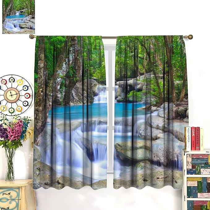 Forest Waterfall Blackout Curtains, Spring Nature Theme Natural Scenery Mountain Scenery Rod Pocket Window Drapes, for Bedroom Living Room 42" W X 54" L