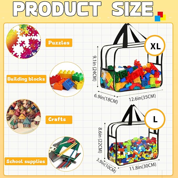 6PCS Toy Storage Bags, Clear Waterproof Toy Organizer Bags with Labels, Suitable for Storing Building Blocks, Puzzles, Stationery, and Books (6PCS L: 11.8 * 8.66 * 3.9Inch)