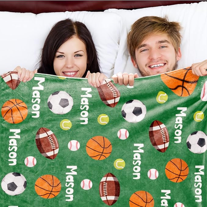 Personalized Ball Blanket with Name for Boys, Custom Name Blanket for Teen Ball, Soft Flannel Customized Gift for Birthday 50"x60"