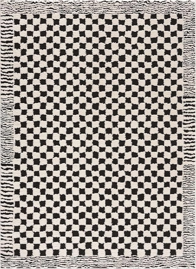 Hauteloom Leryn Contemporary Checkered Area Rug - Modern Geometric Bordered Carpet for Living Room, Bedroom, Dining Room - Checkboard Design - Square Tiles - High Pile - Black and White - 8'10" x 12'