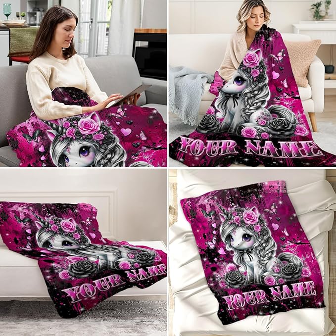 Personalized Throw Blanket Gifts - 40" x 50" Unicorn Blanket for Girls 4-6 - Soft Plush Gothic Throws Girls for Sofa, Couch