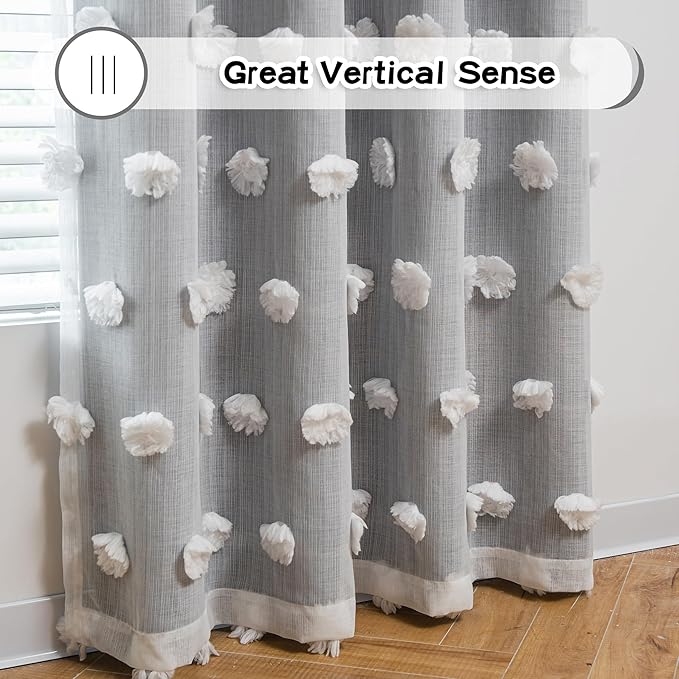 MYSKY HOME Living Room Curtains, 84 Inch Long Grey Blackout Curtains with Pom Pom Trim, Double Layer Sheer Drapes for Kids Room, W52 x L84