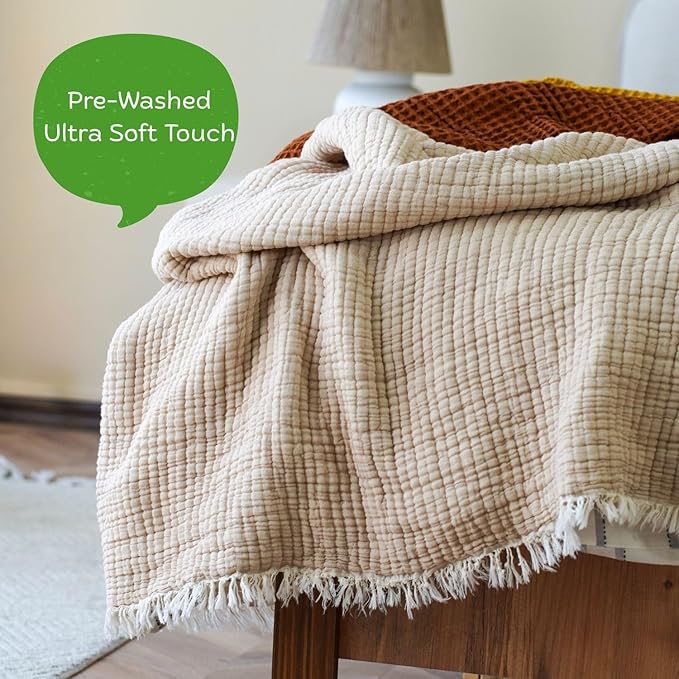 Cotton Muslin Blanket – Soft Muslin Comforter Quilt Made from Premium Muslin Fabric, Lightweight Breathable Cotton Quilt for All Seasons (Cream Beige, Queen (U.S. Standard))