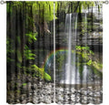 Natural Landscape Waterfall Blackout Curtains, Forest Falls Spring Natural Scenery Green Plant Tree Leaf Rod Pocket Window Drapes, for Bedroom Living Room 52" W X 84" L