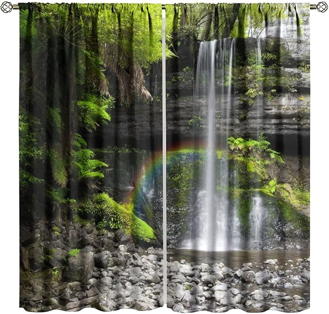 Natural Landscape Waterfall Blackout Curtains, Forest Falls Spring Natural Scenery Green Plant Tree Leaf Rod Pocket Window Drapes, for Bedroom Living Room 42" W X 63" L