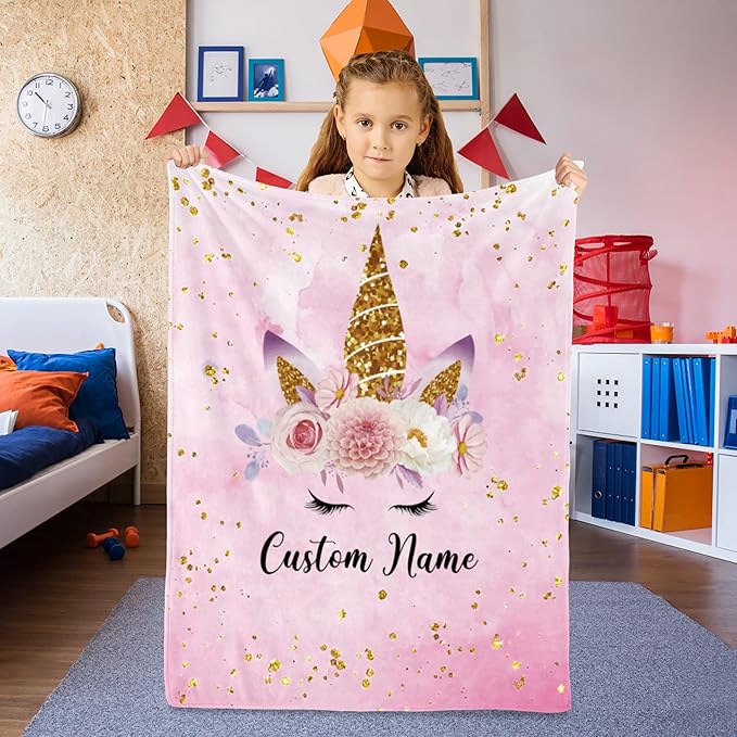 Custom Horse Blanket with Name for Girl, Personalized Name Blanket for Kids, Soft Flannel Pink Toddler Blanket Customized Gift for Birthday Christmas Baby Shower Children Day 40x50in