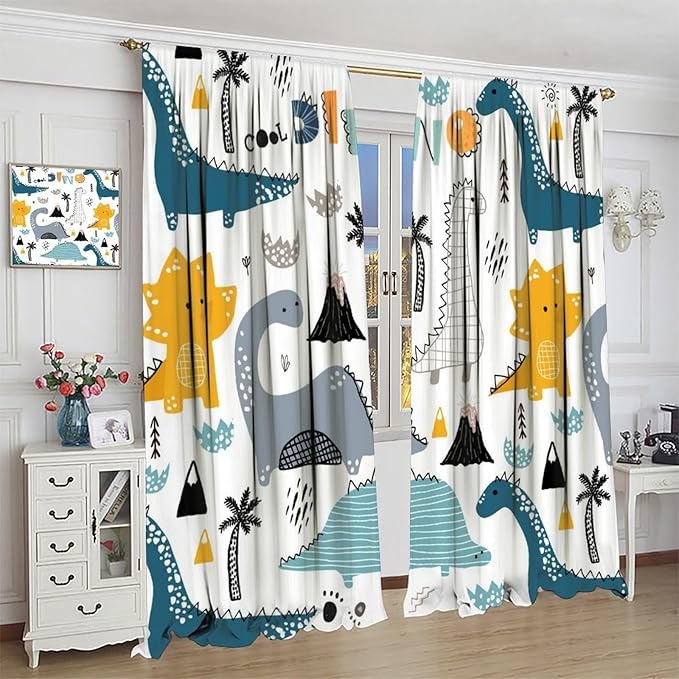 Dinosaur Curtains, Cartoon Dino Cute Safari Animal Print Pattern Blackout Window Treatments, Rod Pocket Thermal Insulated Drapes 2 Panel Sets for Kids Boys Bedroom Nursery Classroom, 63" W X 63" L