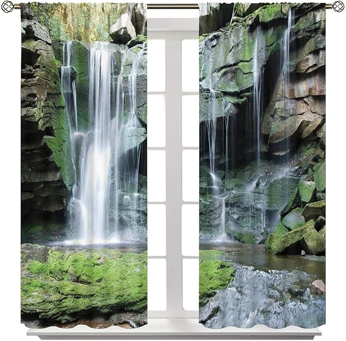 Forest Waterfall Blackout Windows Curtains, Rocky Waterfall to Pond Running Off Scenic Nature Themed Picture Print Curtains, for Living Room Bedroom 42x45in 2 Panels
