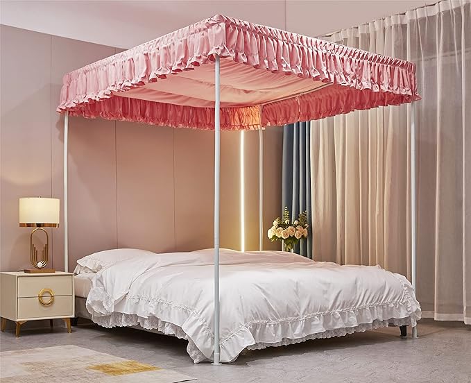 VETHIN Elastic Roof Style Four Corner Post Princess Bed Canopy Curtains Cozy Breathable Tent Canopy Mosquito Net for Girls & Adults Bedroom Decoration (Pink, 70-78" W*86" L*82"*H/(King))