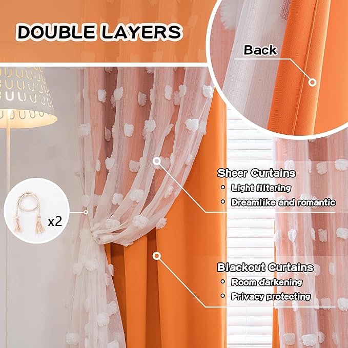 MYSKY HOME Orange Curtains 95 Inches Long for Living Room White Pom Pom Sheer Double Layer Curtains for Kids Rooms Nursery Curtains for Toddler Bedroom Grommet Room Darkening Window Panels 52" X 95"