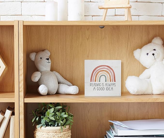 EIONEY Boho Classroom Decor Wood Box Sign 5x5 in,Cute Rainbow Reading Nook Desk Accessories for Nursery Classroom Library Wall Tabletop Shelf Decor