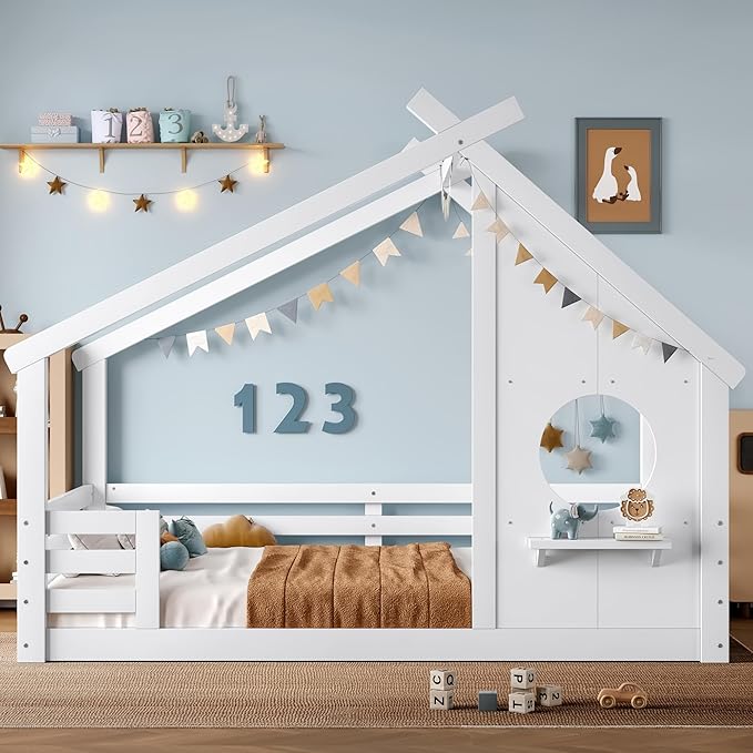 Polibi Full Size Floor Bed with House-Shaped Roof,Window and a Small Shelf, Solid Wood Low Profile Floor Bed for Kids, No Box Spring, White
