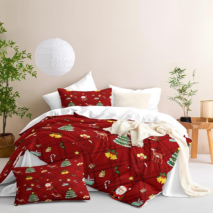 Christmas Duvet Cover King Size Red Gingham Christmas Bedding Set 3 Pieces Kids Boys Girls Xmas Grid Checked Cartoon Deer Pattern Comforter Cover with Zipper Closure
