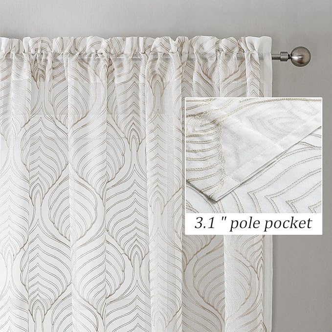 VISIONTEX Sheer Curtains 84 Inches Long 2 Panels Set Taupe Moroccan Embroidery Texture Geometric Rod Pocket Ivory White Voile Tulle Semi Window Treatment Pair for Bedroom Living Room 54 x 84 Inches