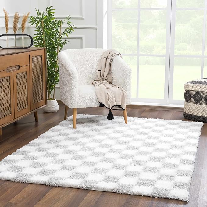 Hauteloom Atira Contemporary Checkered Fluffy Shag Area Rug - Modern Geometric Carpet Tiles for Living Room, Kids Room, Nursery - Plush Pile - Gray, Cream, White - 7'10" x 10'3"
