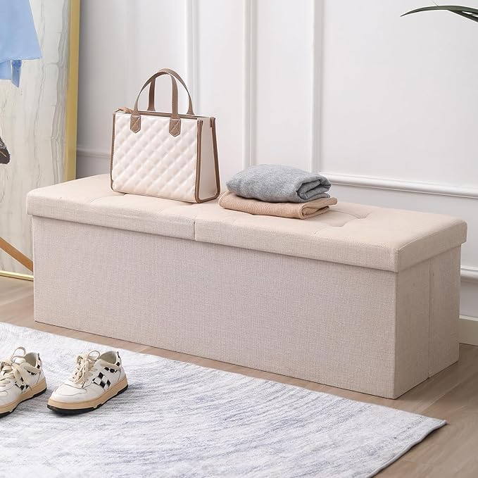 CUYOCA 45.3 Inches Storage Ottoman Bench Foldable Seat Footrest Shoe Bench End of Bed Storage with Flipping Lid, 166L Storage Space, Linen Fabric Sandy Beige