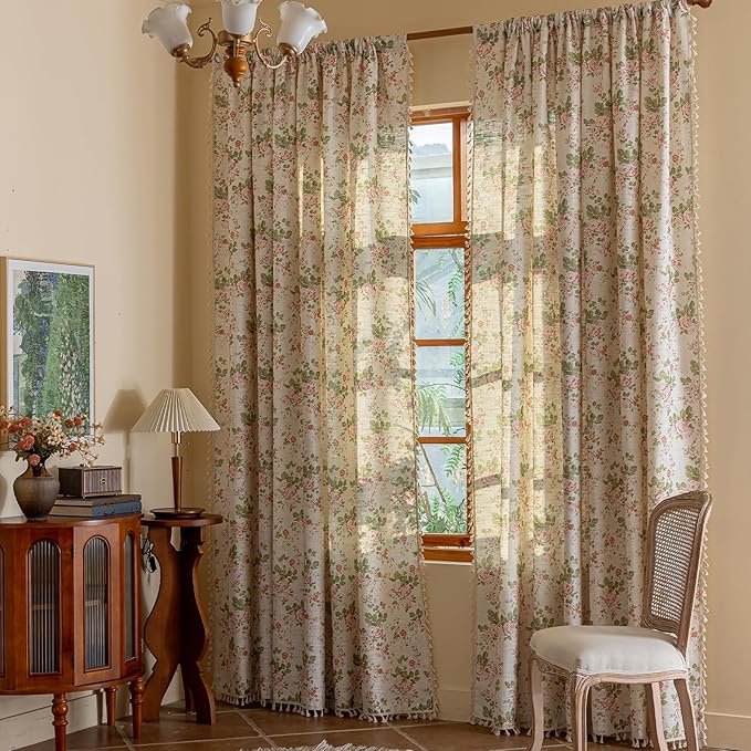 ENJOYBRIDAL Pink Floral Curtains 84 Inches Long Bedroom Semi Sheer Drapes Floor Length Living Room Farmhouse Boho Window Curtains 2 Panel Sets Dining Room Decor Rod Pocket Tassel Window Treatments