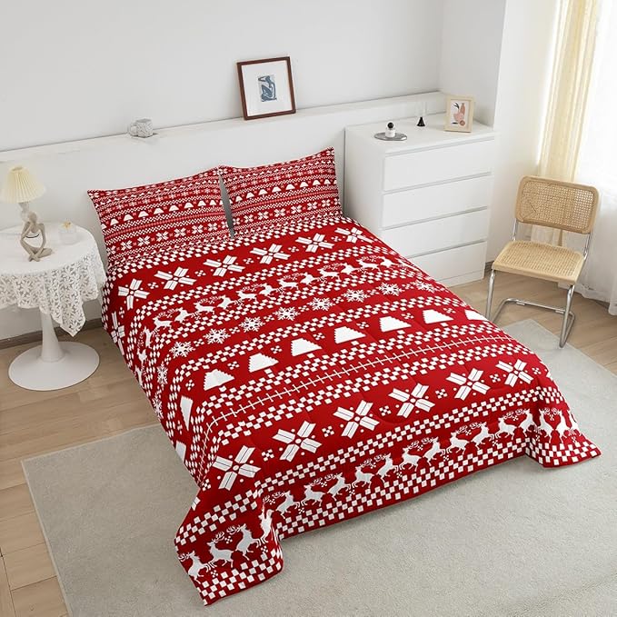 Feelyou Red Christmas Bedding Set for Kids Boys Girls King Size Xmas Deer Decor Comforter Set Ultra Soft Xmas Snowflake Comforter Winter Duvet Quilt Bedroom Decor Christmas Decor Quilt