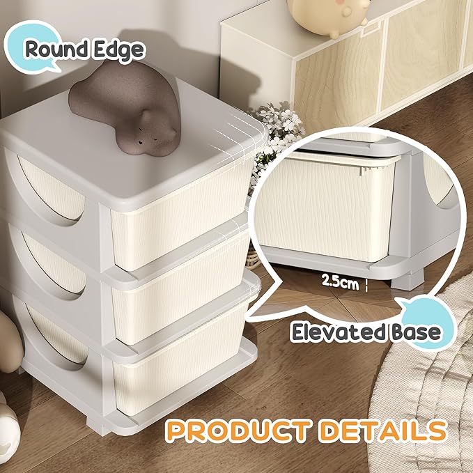 Qaba 3 Tier Kids Storage Unit, 3 Drawer Chest Toy Organizer Plastic Bins for Kids Bedroom Nursery Kindergarten Living Room for Boys Girls Toddlers, Cream White