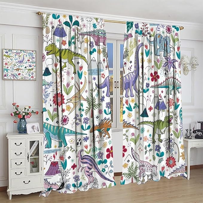 Dinosaur Curtains Cartoon Cool Funny Dino Tropical Plant Leaves Flowers Aesthetics Art Print for Kids Boys Bedroom Living Room Rod Pocket Decoration Window Drapes 2 Panels W42xL84in