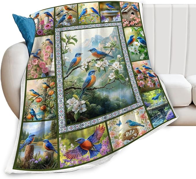 Blue Hummingbirds Blanket Moutain Flowers Bird Throw Blankets Gifts for Girls Boys Women Cozy Warm Soft Fuzzy Flannel Throw Plush Stuffed Animal Fleece Gifts for Kids Men Women for Sofa Bed 50" x40"