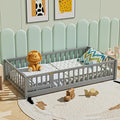 i-POOK Twin Floor Bed for Children, Sturdy Wood Montessori Bed Frame with Wood Slats, Fence & Door, Montessori Floor Bed for Girls and Boys, Gray
