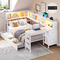 DICTAC Corner Twin Bed Frame with Desk,Charging Station and Bookcase Storage Metal Platform Bed Frame with Storage Drawers and Led Lights Twin Size Daybed with Desk and Shelves for Kids/Teen,White
