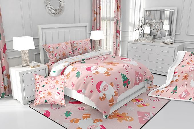 Feelyou Merry Christmas Bedding Set Cookies Candy Duvet Cover Set for Kids Boys Girls Pink Christmas Comforter Cover Quilt Cover Bedroom Collection 3Pcs King Size,No Comforter