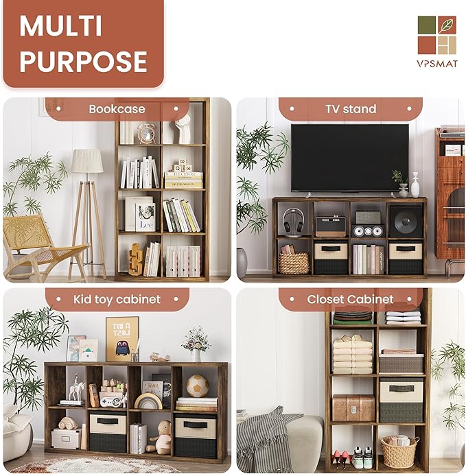 14.6" x 30" x 57.9" Eight Cubed Storage Organizer, Wood Cube Storage Organizer with 8 Cubbies, 8 Cubes Shelving for Office, Bedroom, Living Room, Playroom, Brown