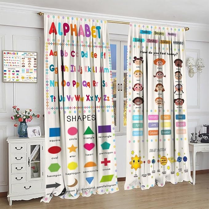 Kids Educational Alphabet Cartoon Curtain Solar System Shapes Cute Knowledge Printed Rod Pocket Blackout Window Drapes for Todders Nursery Baby Bedroom Living Room 42" W X 54" L
