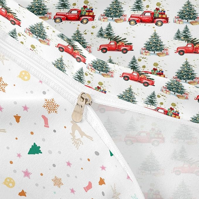 Feelyou Christmas Duvet Cover Boys Christmas Tree Bedding Set for Kids Teens Ultra Soft Cartoon Car Comforter Cover Set Watercolor Xmas Theme Bedspread Cover Room Decor Full Size Bedclothes Zipper