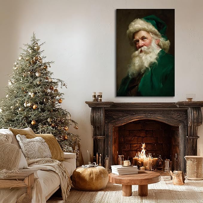 YONICA Christmas Canvas Wall Art Green Santa 12x18 Inch Historical Christmas Figure Art - Large Framed Gallery Wrapped Collectors Edition