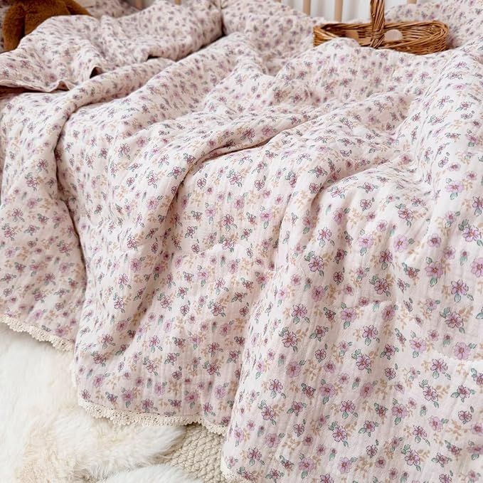 BuLuTu Purple Floral Print Toddler Blanket Quilted 100% Cotton Muslin Lightweight Kids Comforter Soft Bed Blankets for Girls Toddler Crib Quilt, All Seasons Blankets, 47x59 Inches