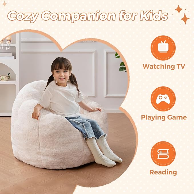 MAXYOYO Kids Bean Bag Chair, Floral Shaped Bean Bag Sofa, Plush Faux Fur Toddler Couch with Petal Backrest for Boys Girls, Stuffed Cozy Sofa for Nursery, Bedroom, Beige