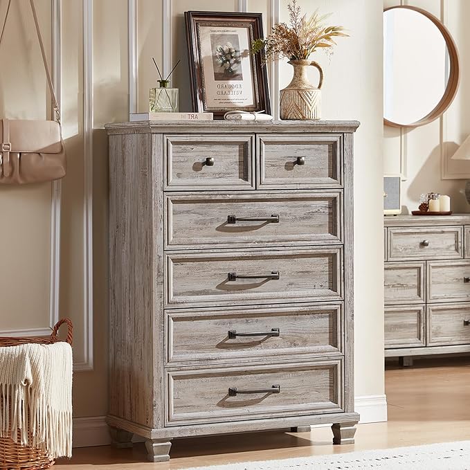 Farmhouse Bedroom Dresser and Nightstand Set of 4, 6 Drawer Tall & 5 Drawers Dresser & 3 Drawer Nightstand Set with Wooden Legs, Rustic Wood Furniture for Bedroom, Hallway, Grey