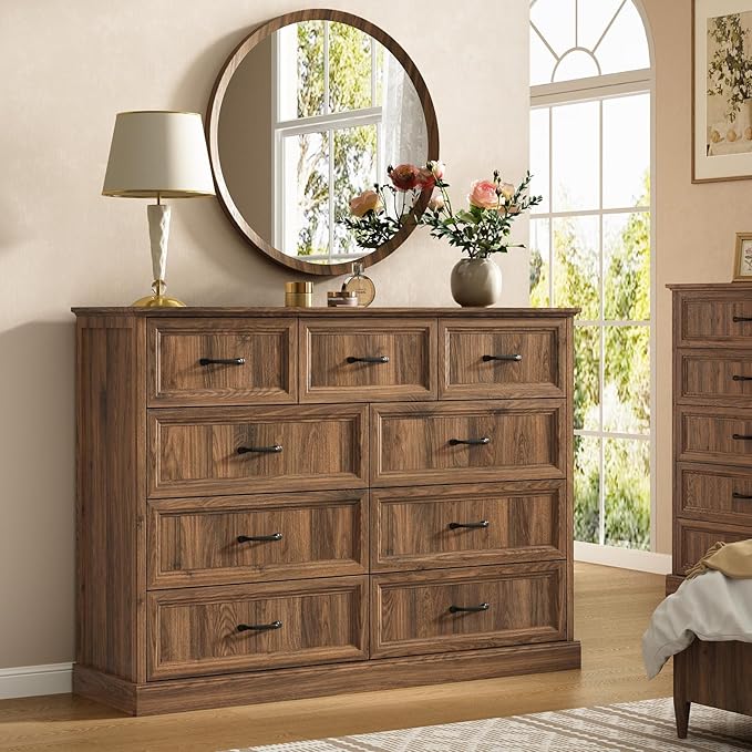 CARPETNAL Farmhouse Dresser and Nightstand Sets for Bedroom, 3 Pcs Bedroom Set, 9 Drawer Dresser & Nightstand Set of 2, Modern Wood Chest of Drawers for Bedroom, Living Room, Entryway, Brown