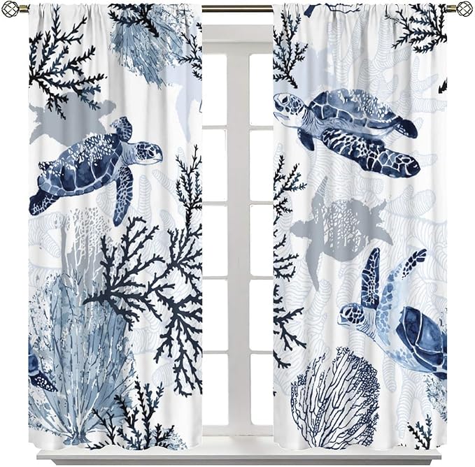 Coastal Nautical Curtains, Turtle Beach Sea Seashell Theme Pattern Blackout Print Home Bedroom Living Room Window Treatmen 2 Panel Set 72x63 Inch