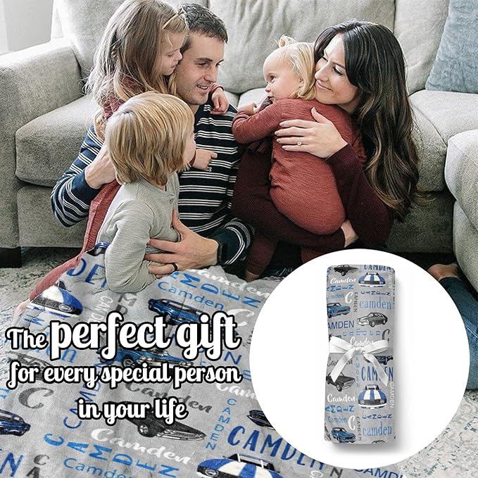 Custom Car Blanket With Name for Boys, Personalized for Kids, Soft Flannel Toddler Customized Gift for Birthday Christmas Baby Shower Children Day 40x50in