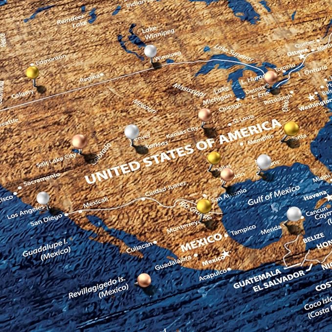 ElephantStock - Personalized Our Travel I Push Pin World Map Wall Art - Horizontal Canvas Wall Art - Living Room Wall Decor - Digital Art Map Canvas Art - Brown And Blue Decor - 12" x 8"