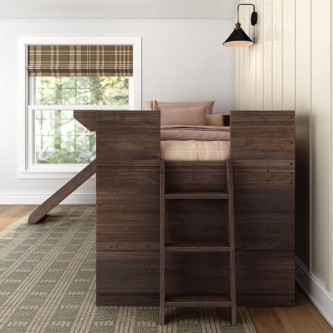 Max & Lily Loft Bed Twin Size, Solid Wood Low Loft Bed with Slide and Ladder, Modern Farmhouse Loft Bed for Kids, Barnwood Brown