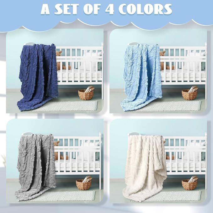 VitalCozy 4 Pcs Soft Fleece Baby Blankets Set 30" x 40" 3D Plush Warm Nursery Swaddling Bed Blanket Little Boys Girls Infant Toddlers and Newborn Receiving Gifts Blankets(Blue Set)