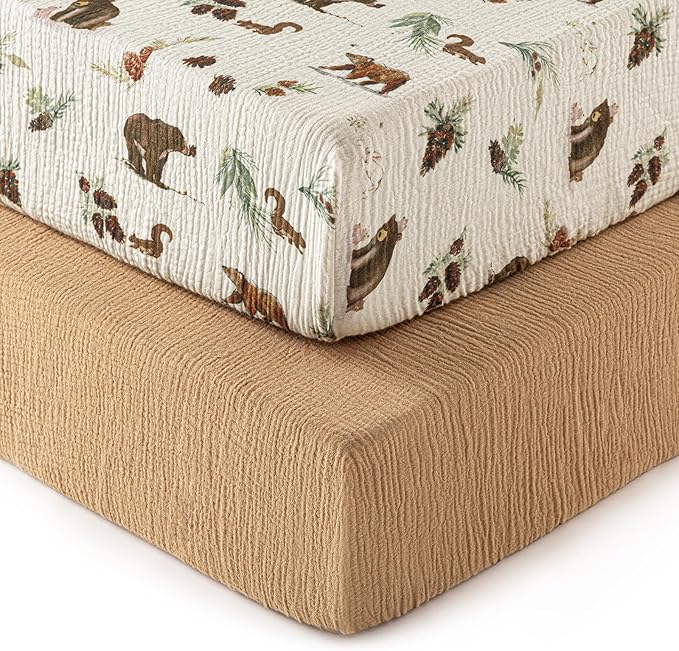 david's kids Muslin Crib Sheets for Boys, 2 Pack 100% Cotton Soft Breathable Fitted Baby Sheet Set, Standard 52"x28" Crib and Toddler Mattress, Woodland Animal