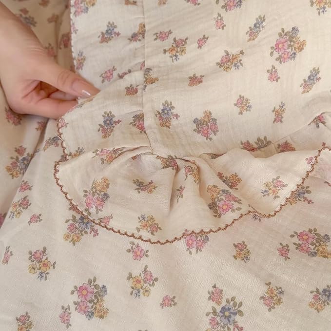 BuLuTu 2 Layers Muslin Cotton Duvet Cover for Full Bed, Chic Ruffles Tuberose Floral Pattern Comforter Cover Twin Children Bedding Quilt Covers, No Pillow Case, Zipper Cloruse, 4 Ties