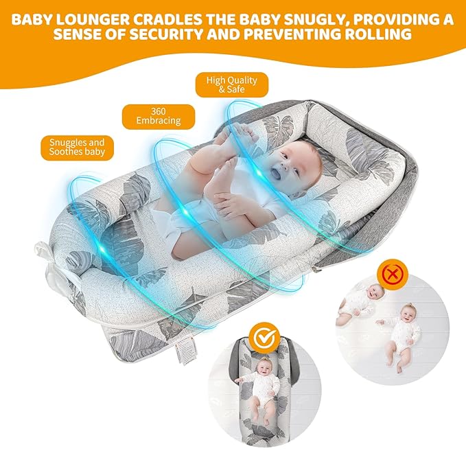 Baby Lounger, Foldable Cotton Baby Lounger Pillow for Newborn, Breathable & Soft Baby Nest for Home and Easy Travel, 0-12 Months Baby Nest Lounger Ideal Baby Essential Shower Gifts