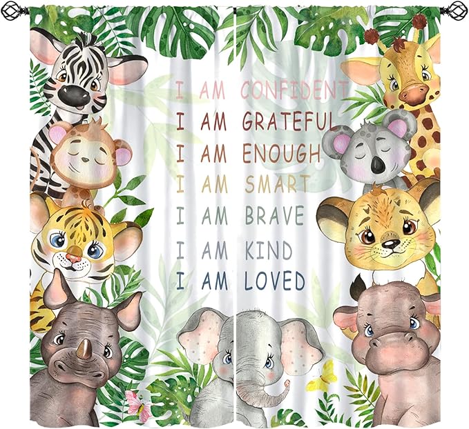 Cartoon Safari Animal Curtains Cute Watercolor Wildlife Jungle Window Treatments for Kids Boys Girls Bedroom Living Room Inspirational Motivational Quotes Nursery Children Drapes W42xL54(Decor)