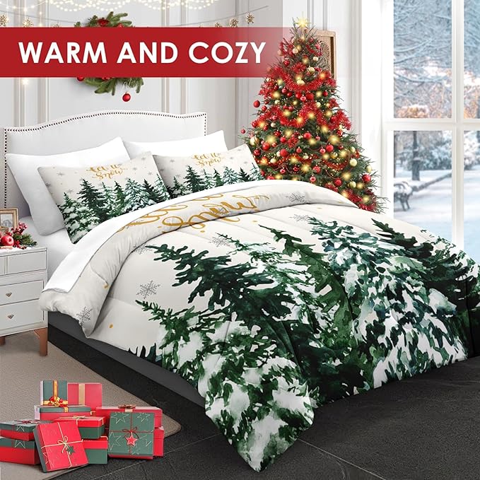 7 Pcs Full Size Christmas Comforter Set with 2 Pillowcases & 2 Shams, Countryside Nature Snowy Bedding for Kids and Adults, Winter Forest Green Pine Tree Bed in a Bag with Flat Fitted Sheet