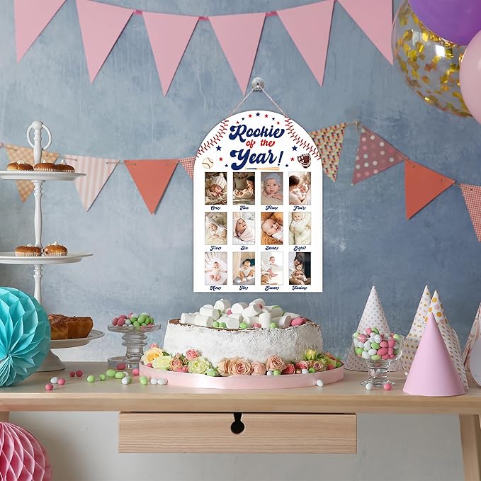Baseball My First Year Photo Board, Rookie Of The Year Baby Milestone Signs for Boys Girls Nursery Decor, 12 Month Wooden Picture Board for 2x3 Photos, Best Babies Keepsake Gifts-A09