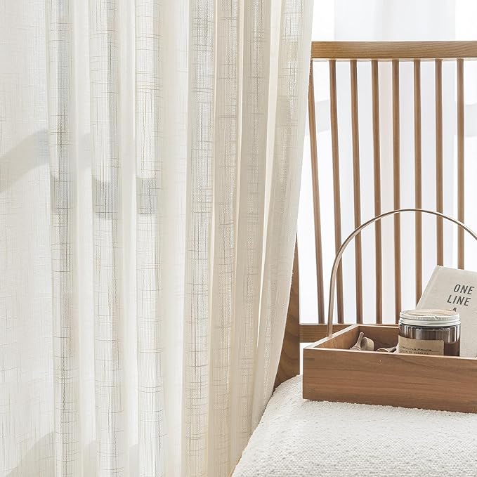 FMFUNCTEX Linen Semi Sheer Curtains for Bedroom, Natural Curtains 72 Inch Length for Living Room, Country Farmhouse Sheer Drapes, Light Filtering Window Curtain, Grommet Top 2 Panels
